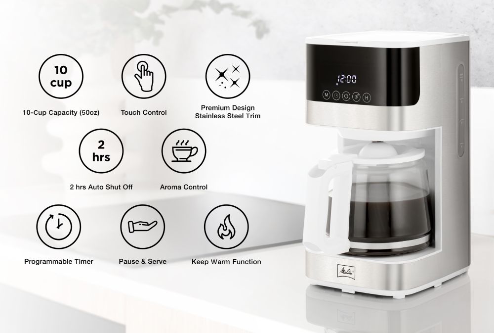 Melitta® Aroma Tocco™ 10-Cup Compact White Coffee Maker w/ Glass Carafe | Touch Control | White