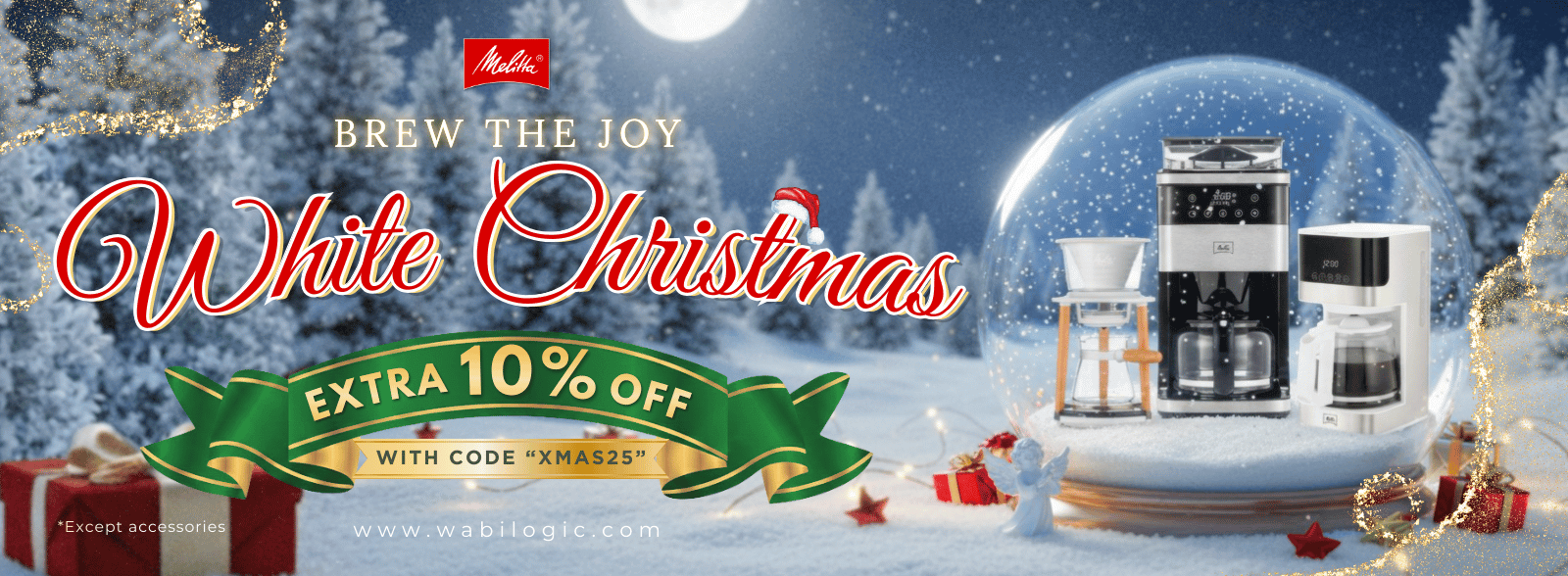 Melitta coffee machine with festive decorations and promotional text for 'White Christmas' campaign.