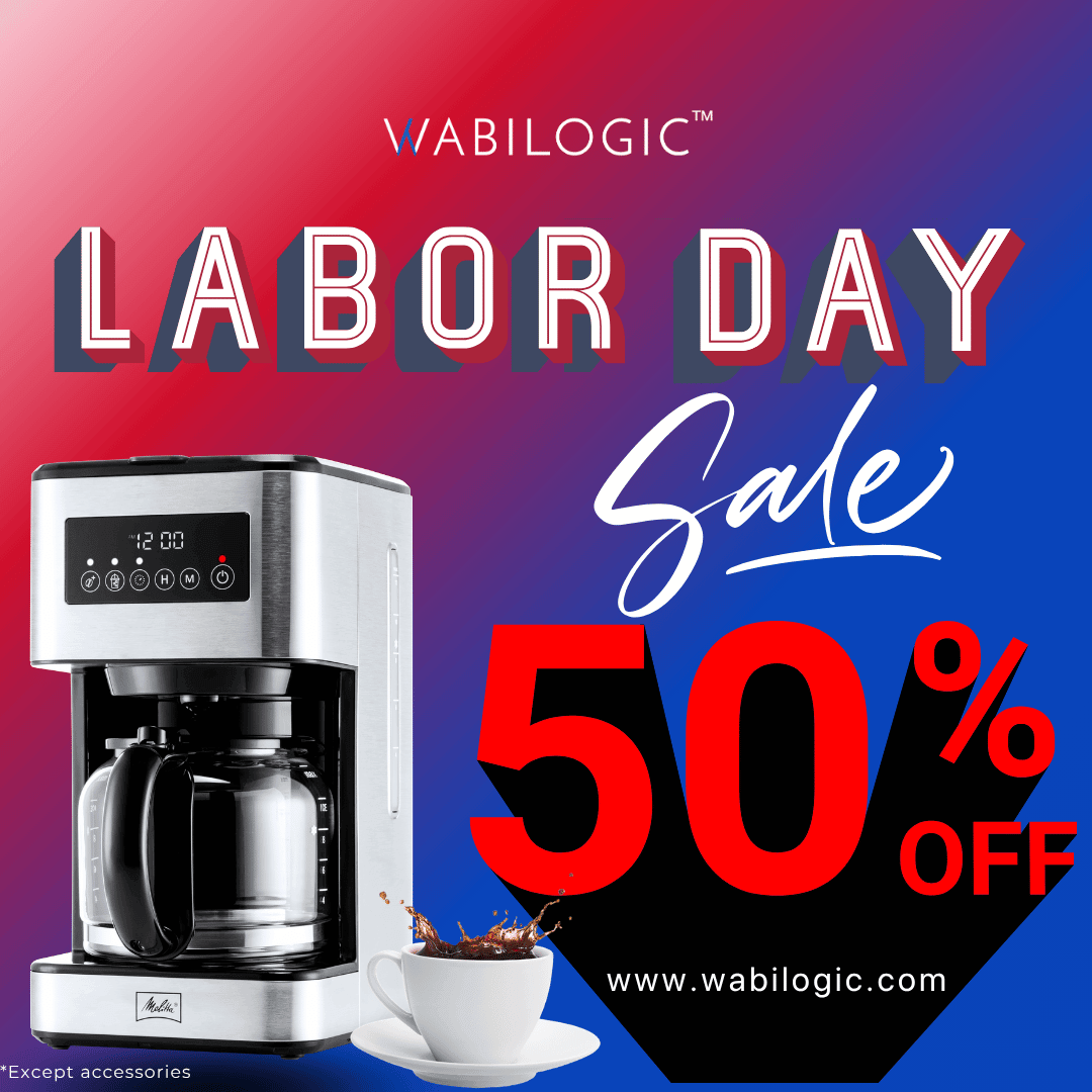 Labor Day sale promotional graphic for a VabiLogic coffee maker, featuring a stainless steel and black drip coffee machine on a red-to-blue gradient background with large text reading 'LABOR DAY Sale 50% OFF' and a white coffee cup on a saucer.