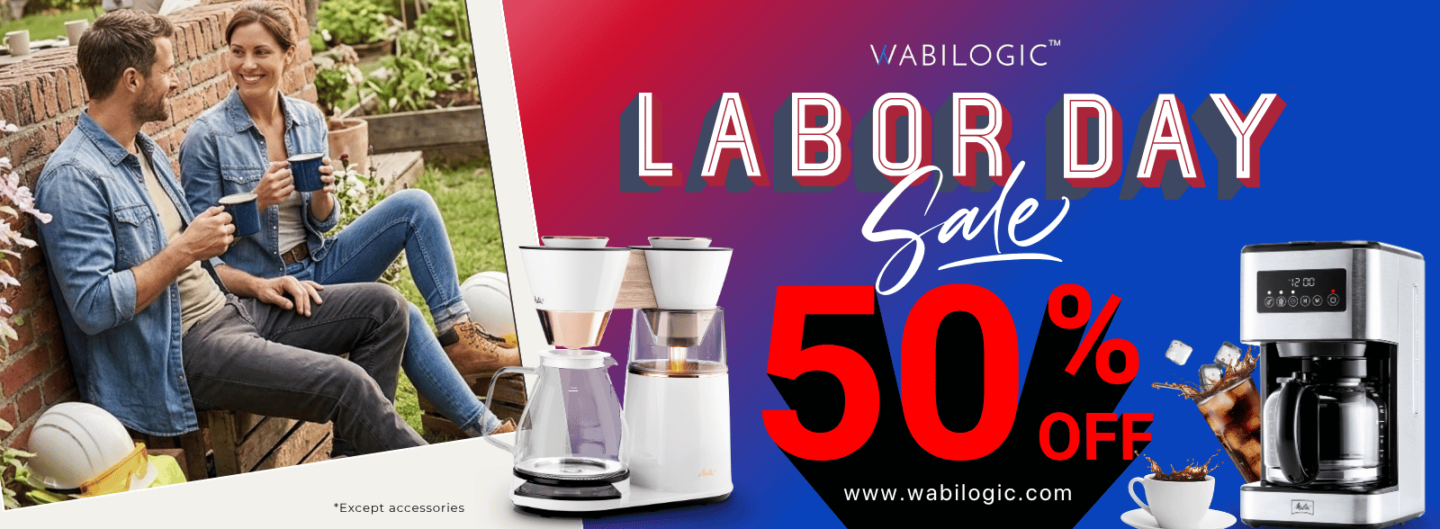 Labor Day Sale promotional banner for Vabiologic coffee makers, featuring a lifestyle photo of a couple on the left, product renderings of a drip coffee maker and a coffee portafilter in the center, and a coffee maker on the right with a large '50% OFF' text on a red and blue gradient background.