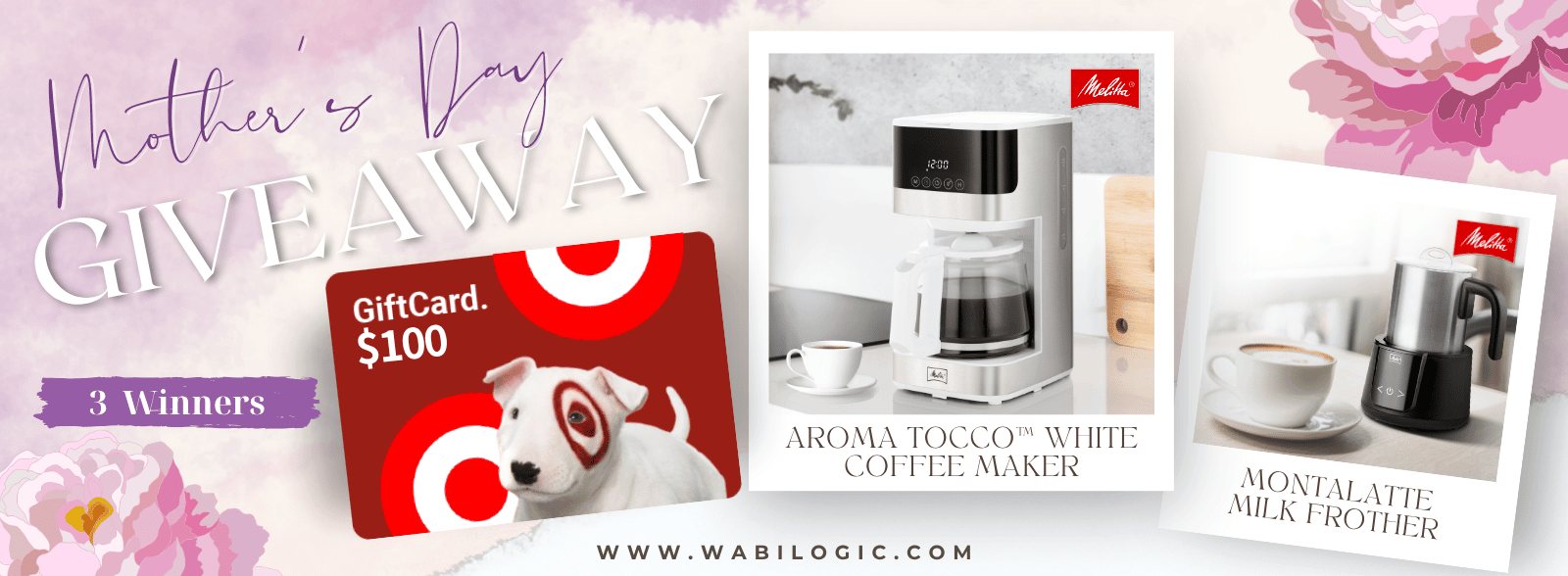 Promotional banner for a Mother's Day giveaway featuring a gift card and coffee maker images.