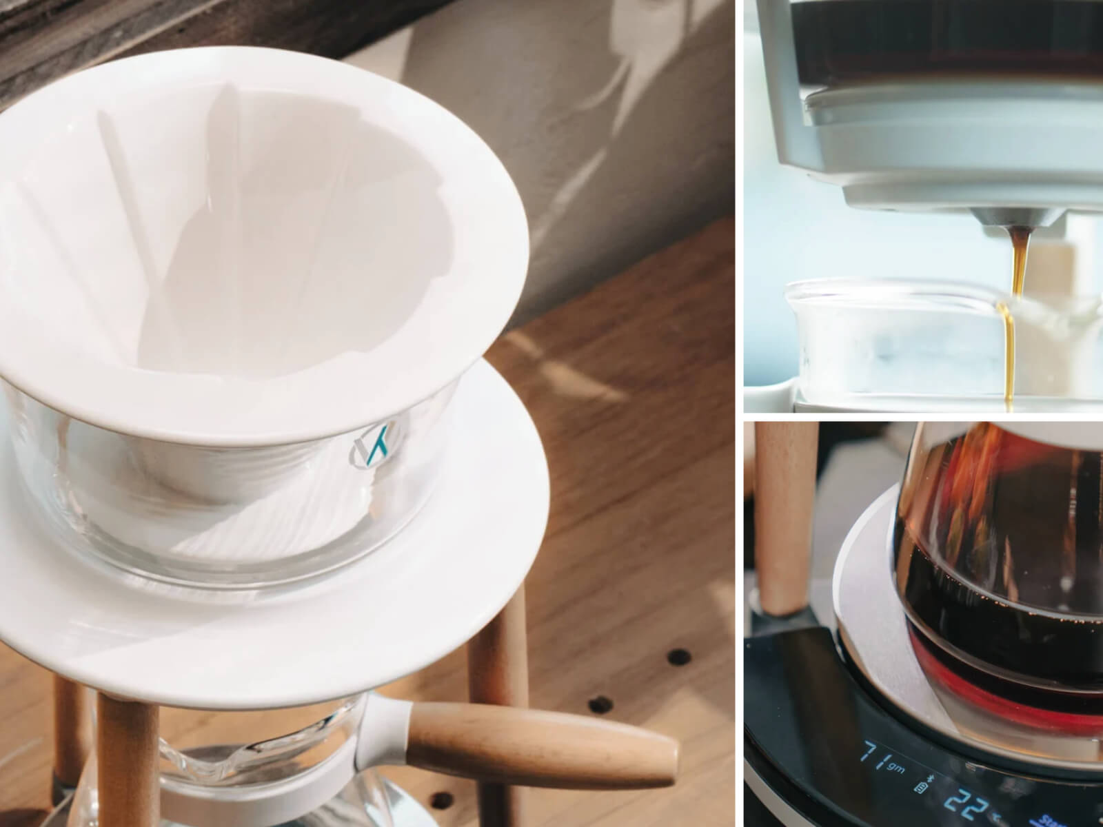 A collage showing a Senz V pour-over coffee dripper on a glass carafe, with two smaller inset photos on the right showing coffee being brewed and served.